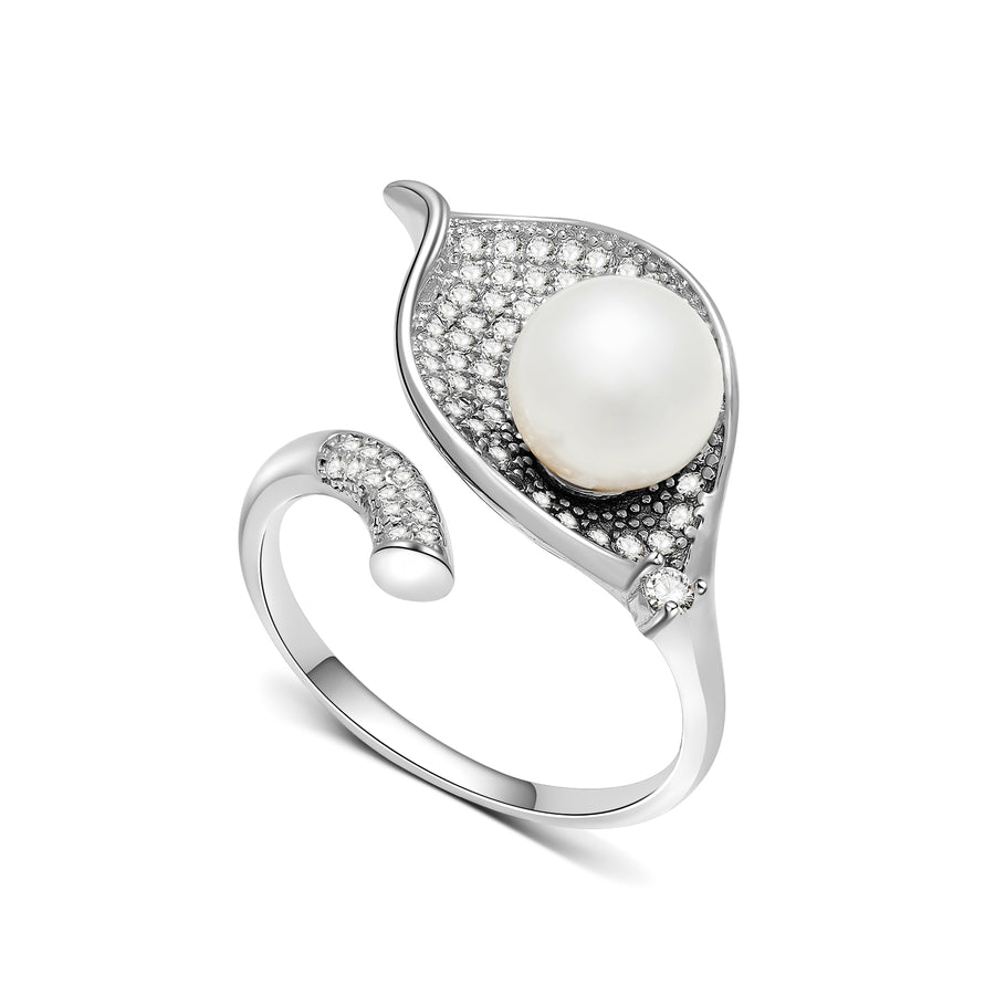 Pearl on Leaf Adjustable Ring